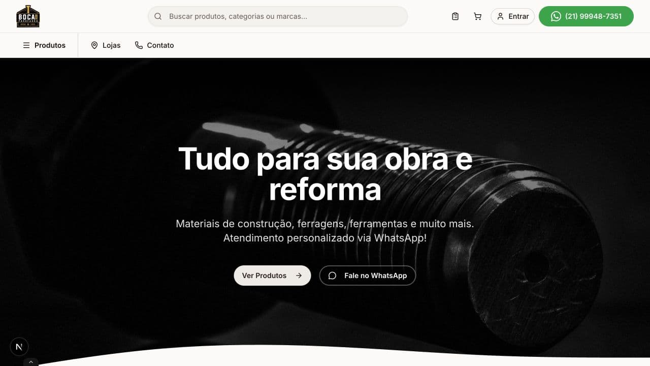 Boca dos Parafusos homepage with product search, retail navigation and a hardware-focused hero.