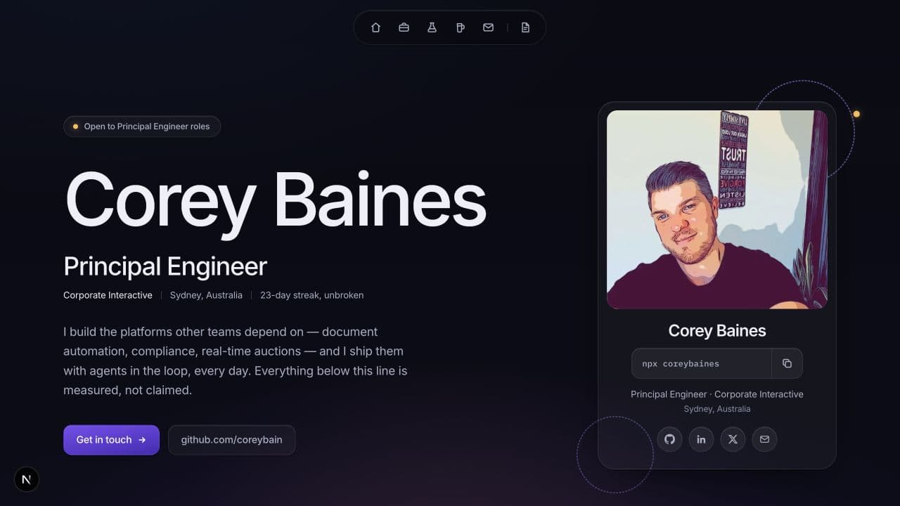 Corey Baines homepage showing the profile hero, identity card and floating navigation.