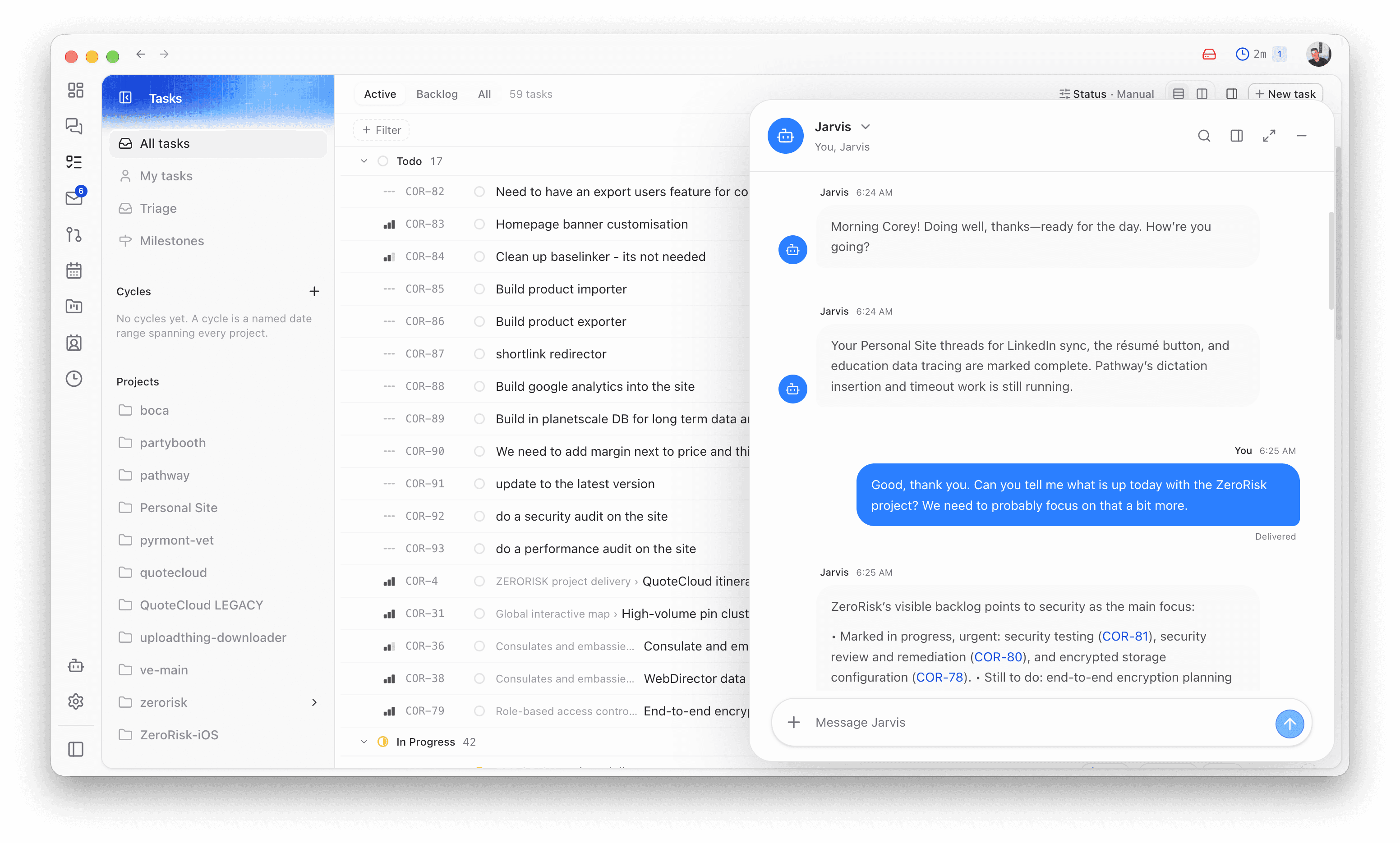 Pathway Nightly showing the task workspace with the Jarvis agent conversation open.